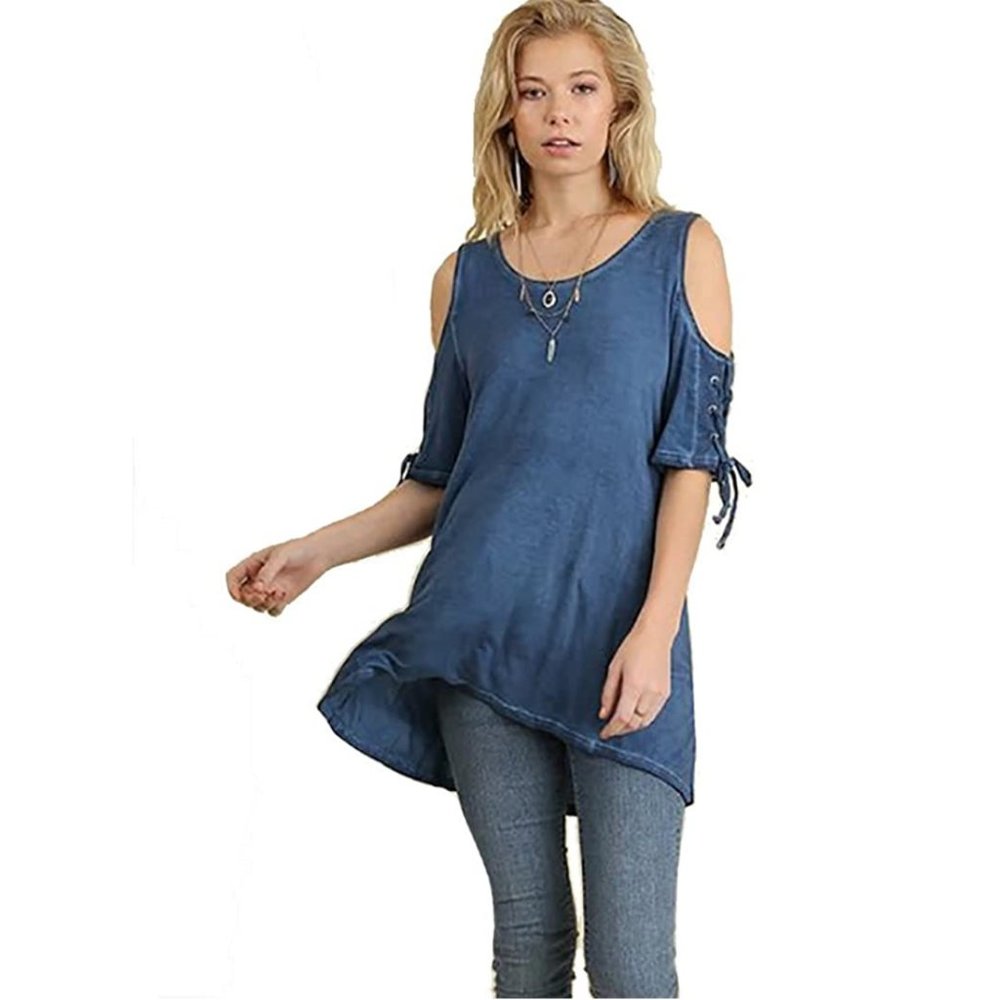 Umgee Cold Shoulder Scoop Neck Top w Sleeve Laces